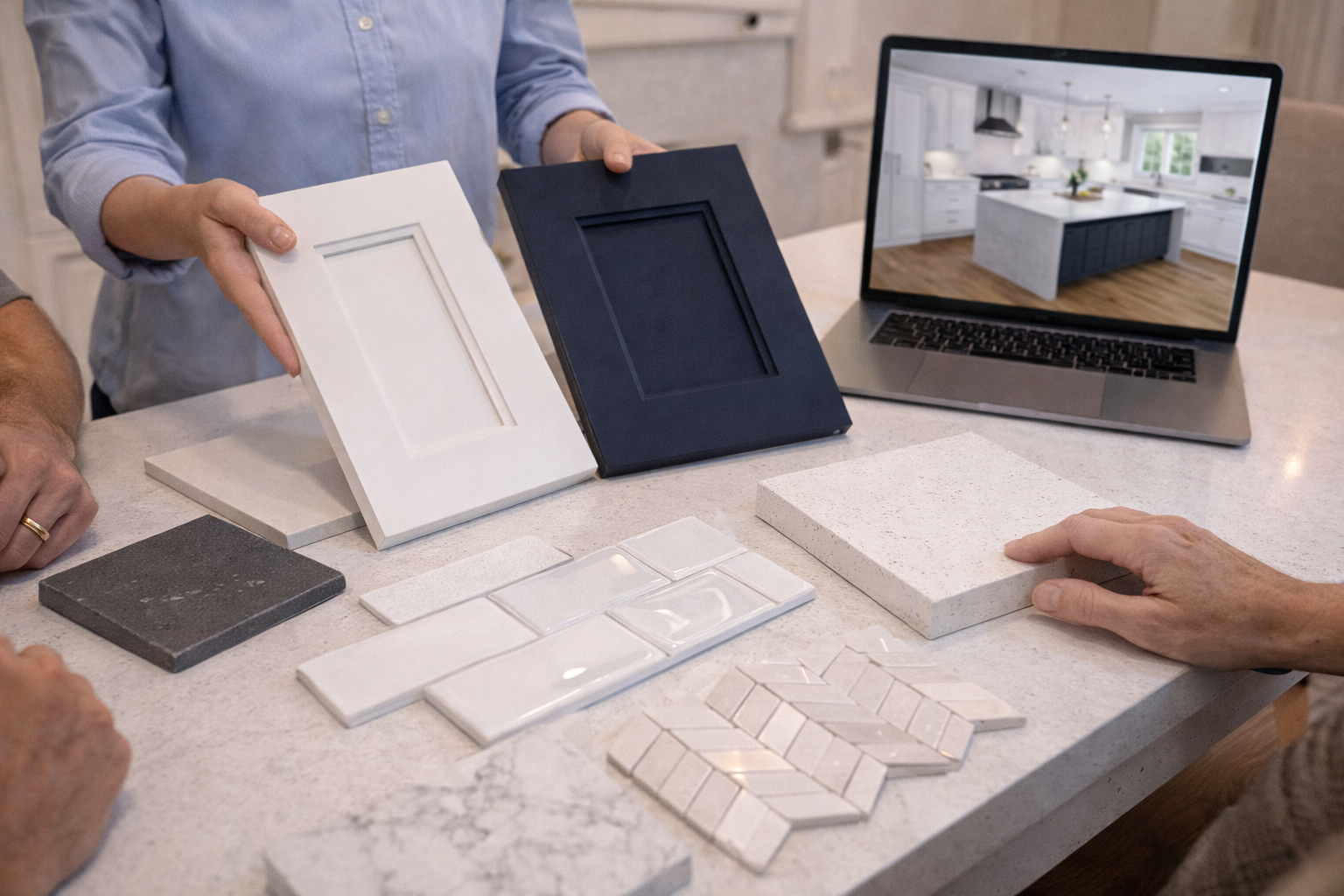 Homeowner reviewing renovation plans at a table with contractor